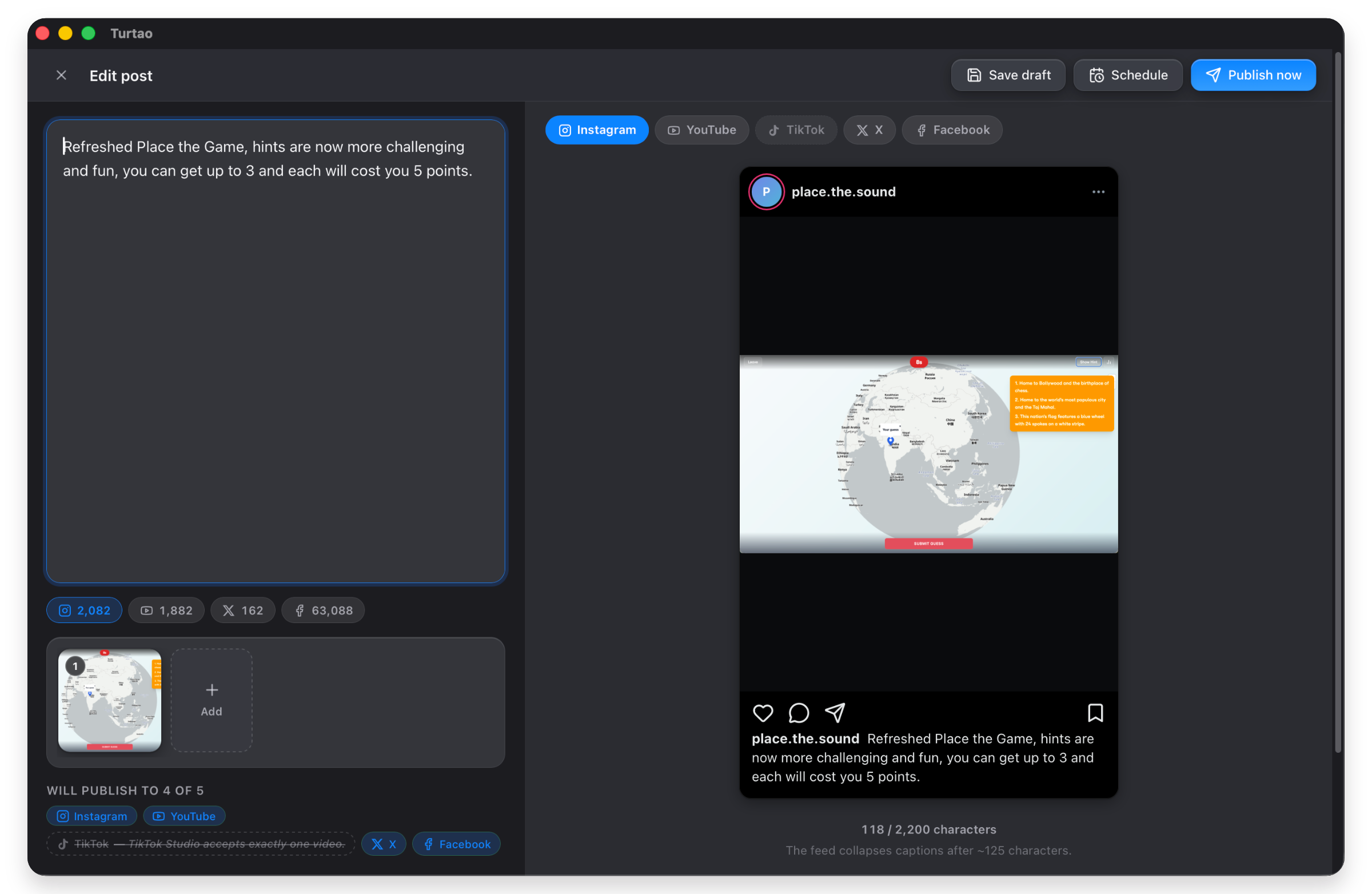 Turtao for Mac showing a project’s social publishing queue and history